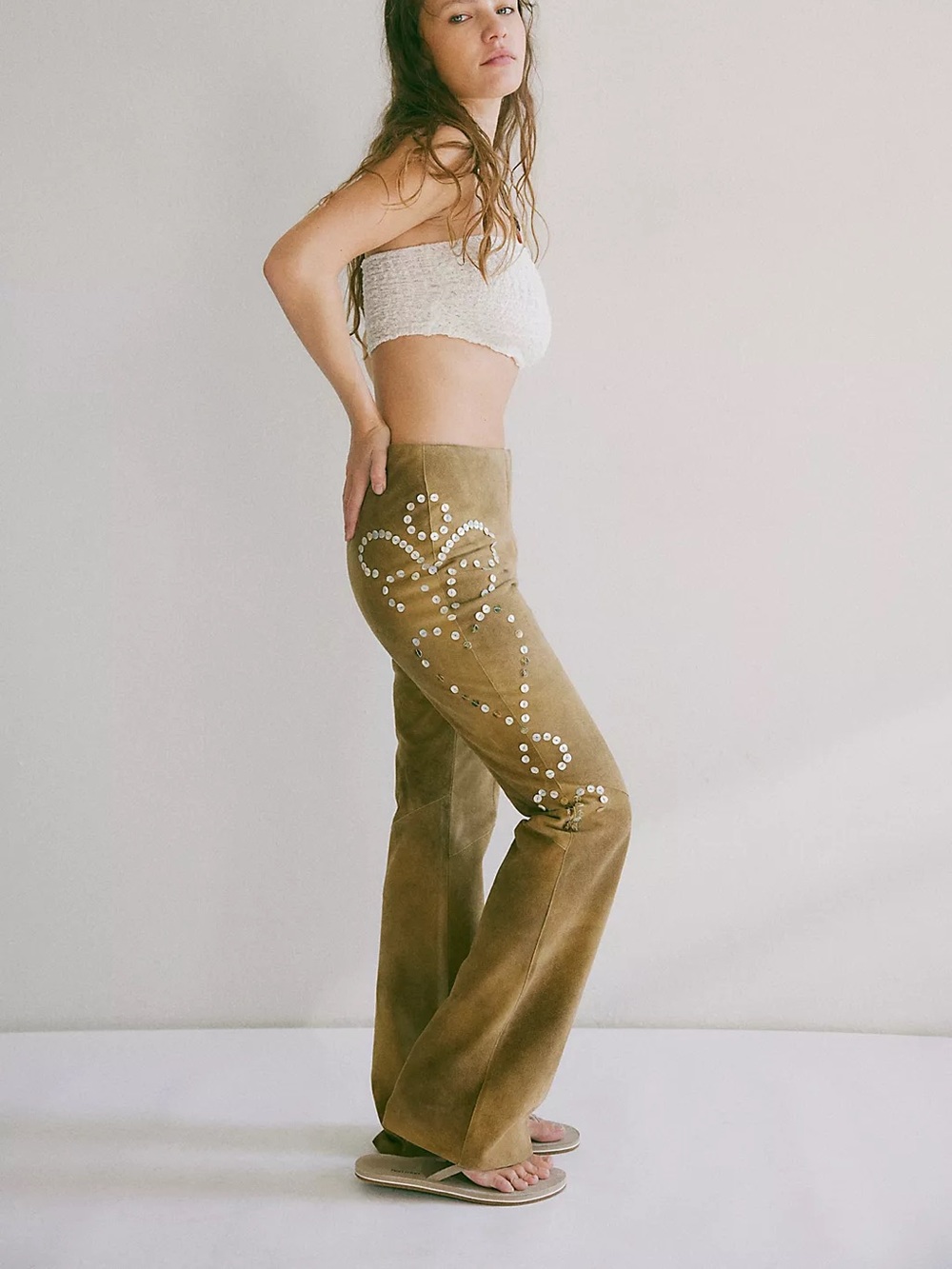 Free People Nigel Preston Ranch Tan Soft Suede Sequin Flare Festival Pants NWT S